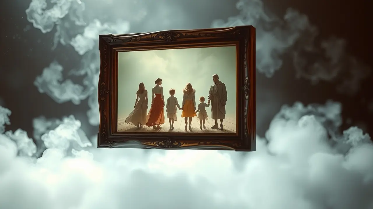 Porta-retrato flutuante em névoa, representando memórias.