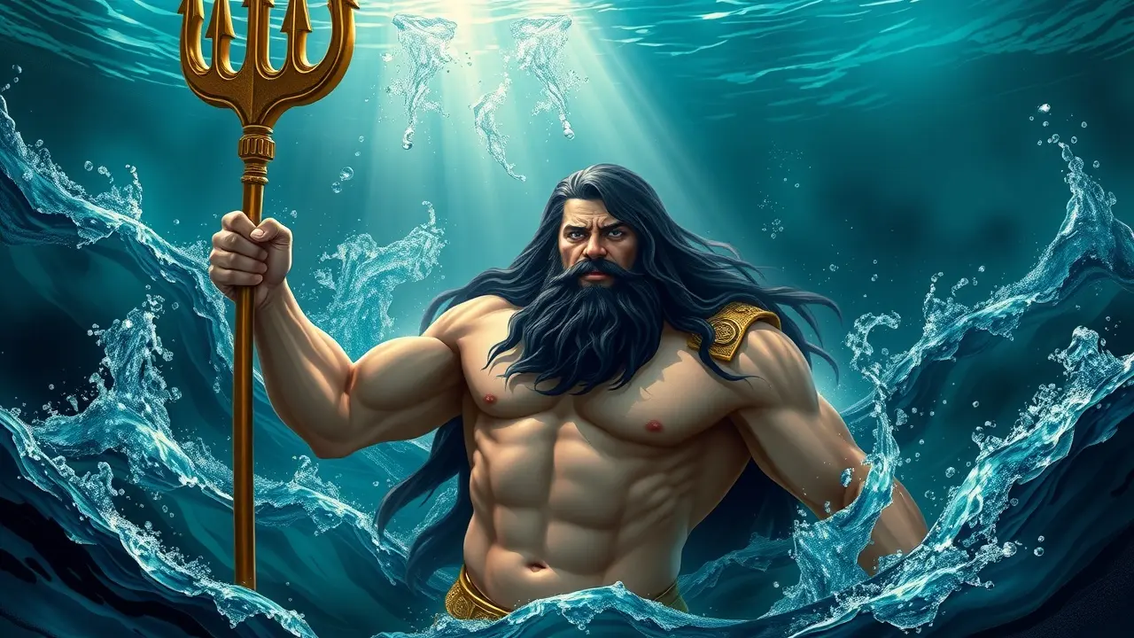 Poseidon emergindo do oceano com seu tridente