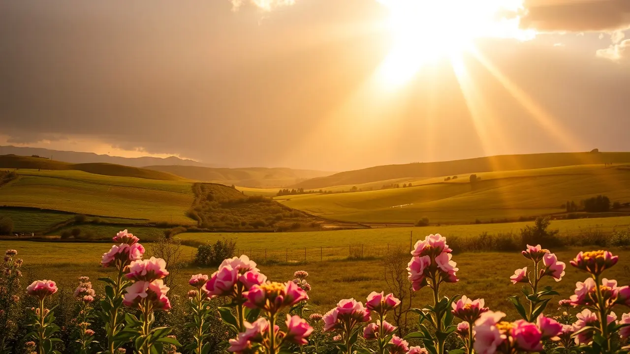 Paisagem ensolarada com arco-íris e flores, simbolizando positividade.