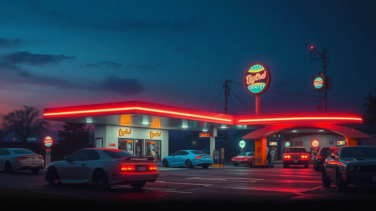 Posto de gasolina iluminado ao entardecer.