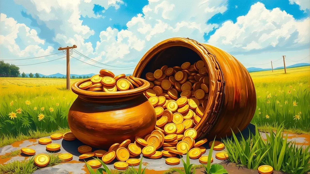 Pote de barro cheio de moedas de ouro