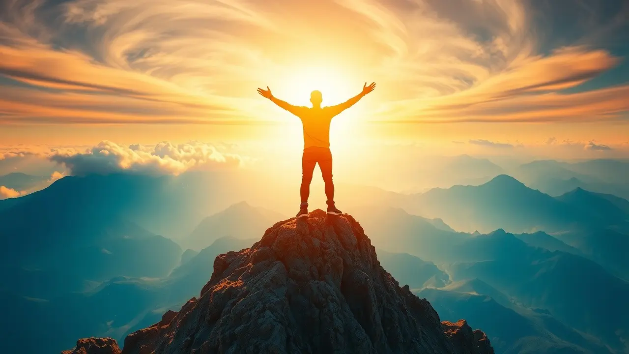 Sonhar com Potência: Desvende os Significados Ocultos Pessoa no topo da montanha irradiando poder