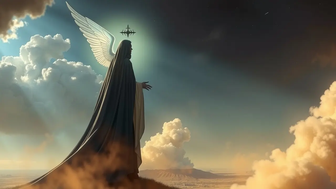 Figura de autoridade projetando sombra em paisagem onírica