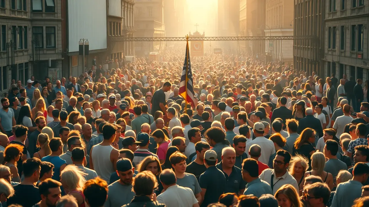 Multidão diversa em praça iluminada