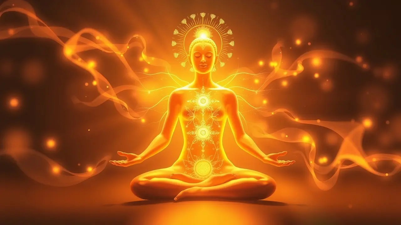 Mulher meditando com energia prana dourada.