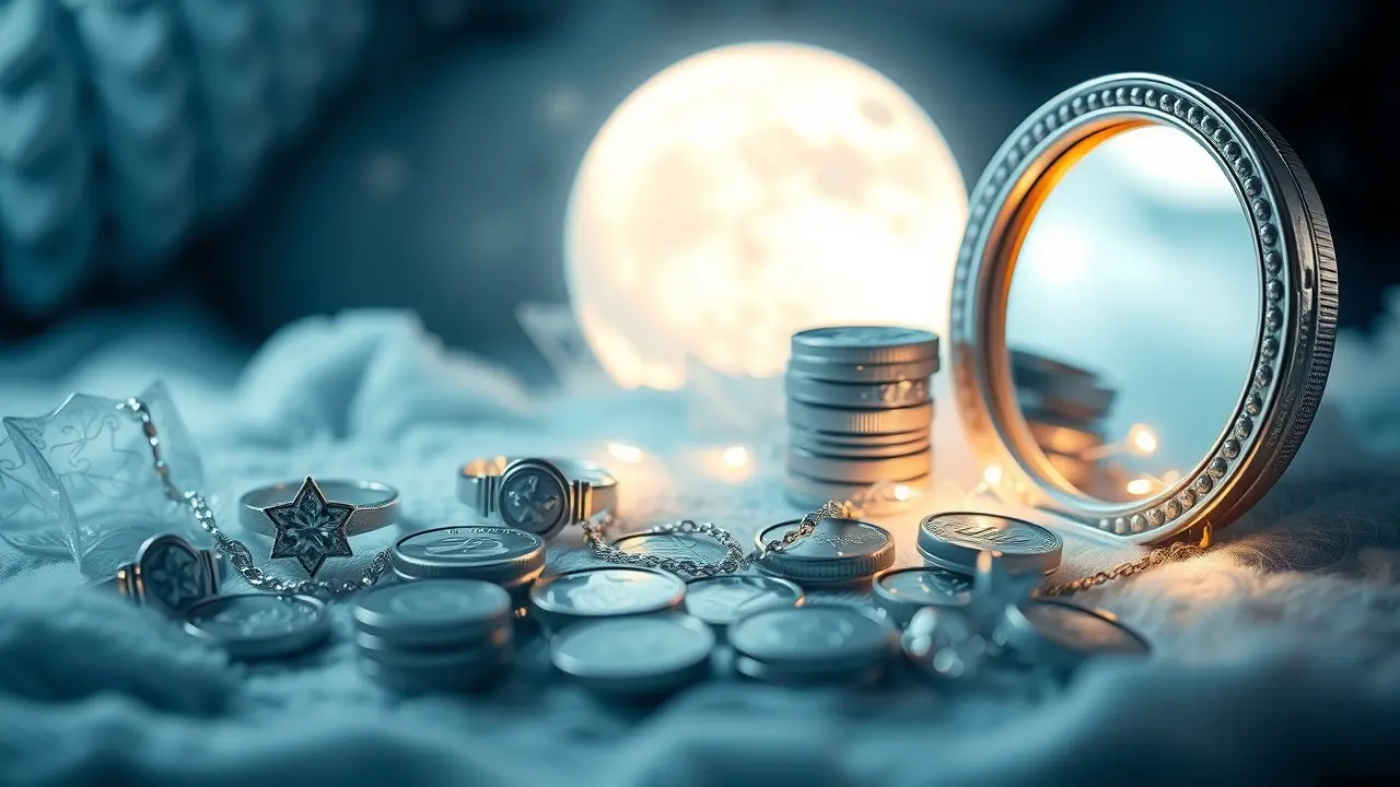 Objetos de prata em sonho: Moedas, joias e espelho.