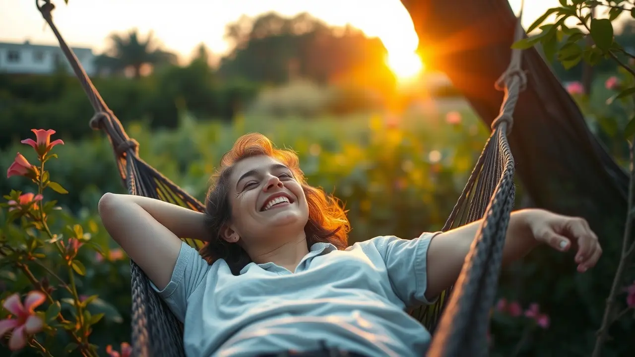 Pessoa relaxando em uma rede ao pôr do sol, experimentando prazer.