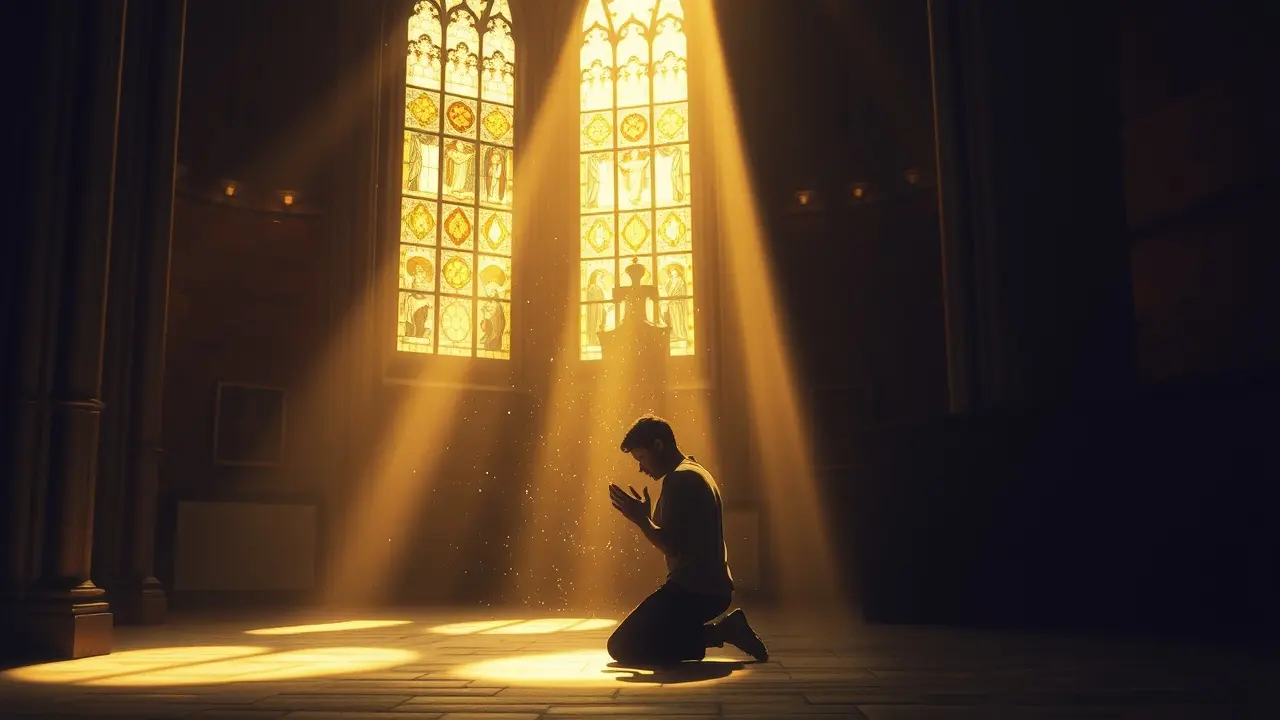 Sonhar com Prece: Desvende os Significados e Mensagens Espirituais Pessoa orando em igreja ensolarada.