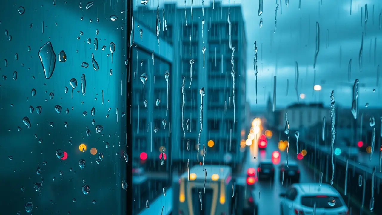Visão de uma tempestade com chuva forte.