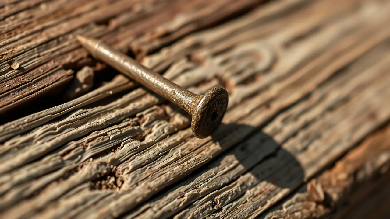 Prego ligeiramente enferrujado cravado na madeira.