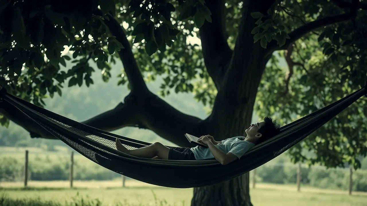 Pessoa relaxando em uma rede, simbolizando preguiça e descanso.