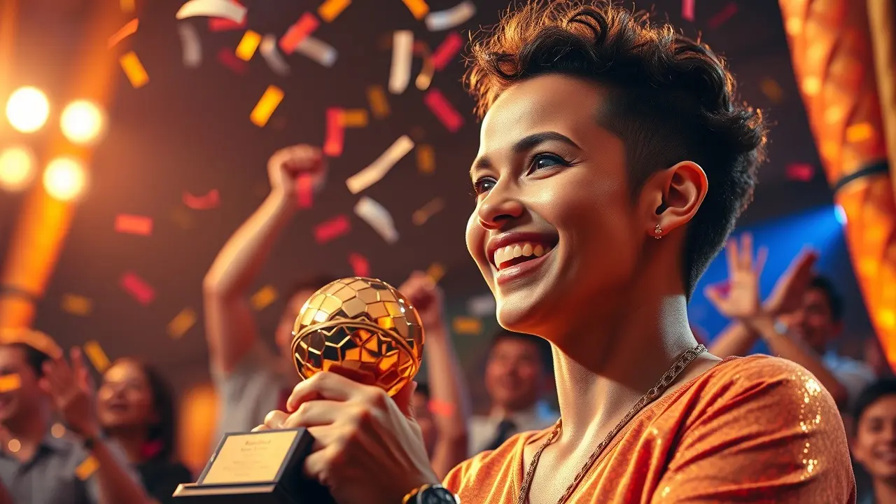 Pessoa recebendo prêmio dourado, celebração e alegria.