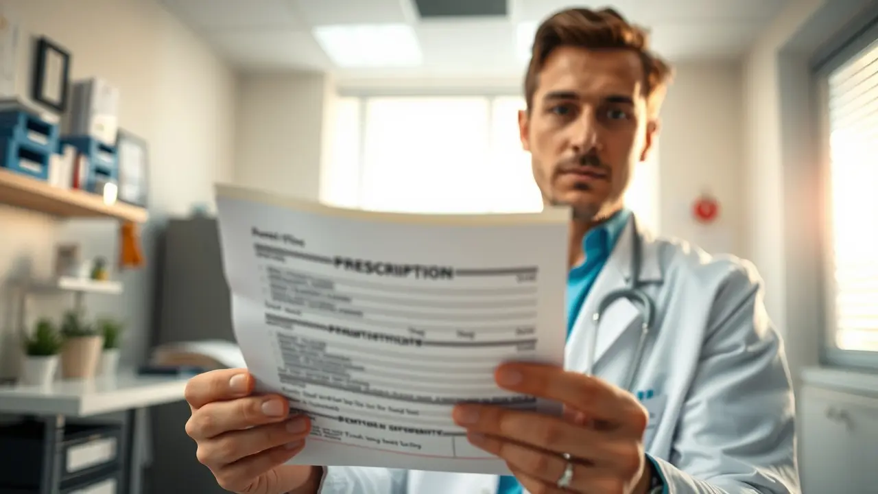 Pessoa reflexiva segurando prescrição médica.