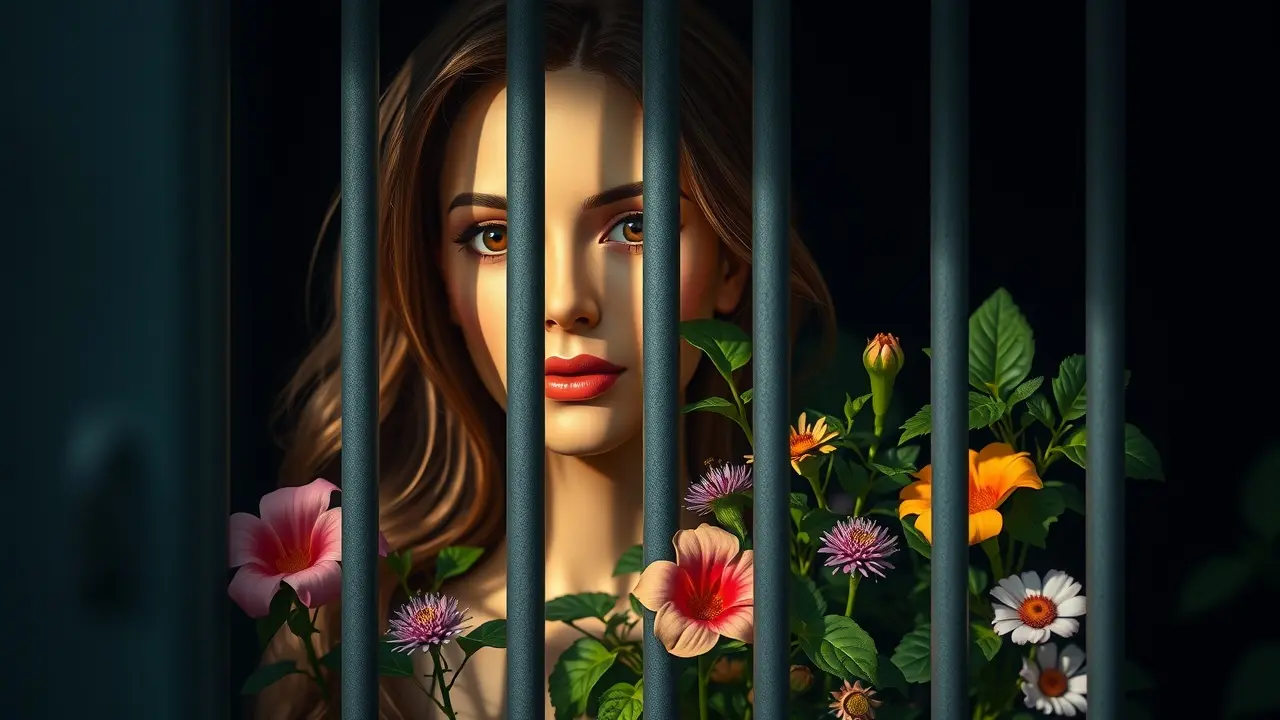 Sonhar com Presidiária: Descubra os Significados e Interpretações Mulher atrás das grades cercada de flores, simbolizando a liberdade interior