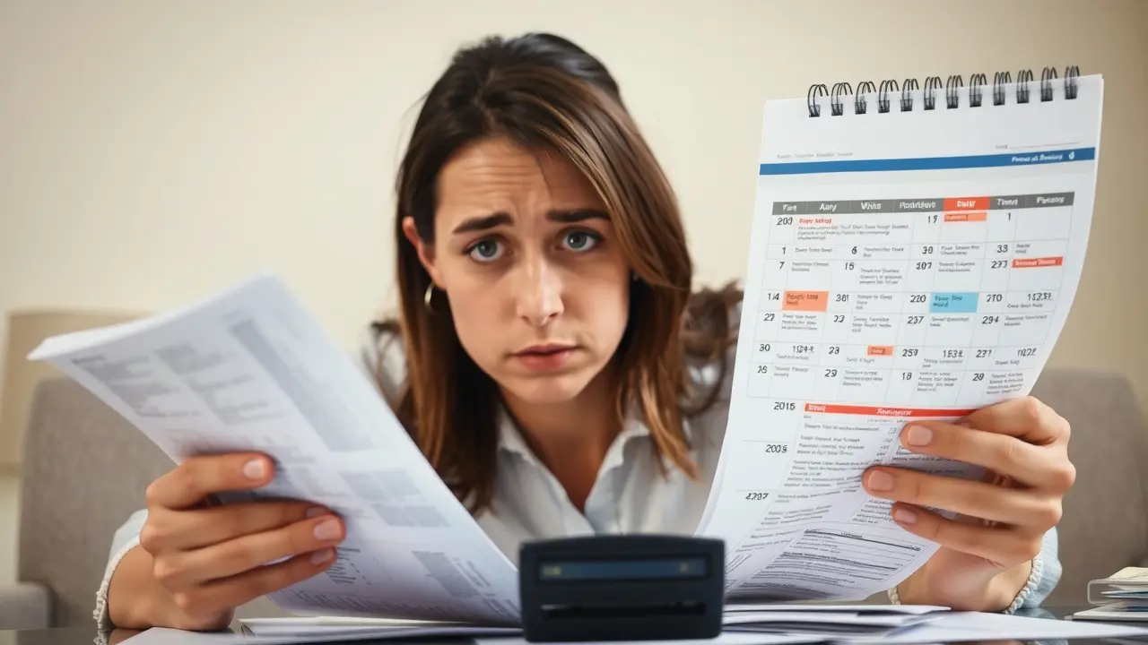 Pessoa preocupada com contas e calendário.