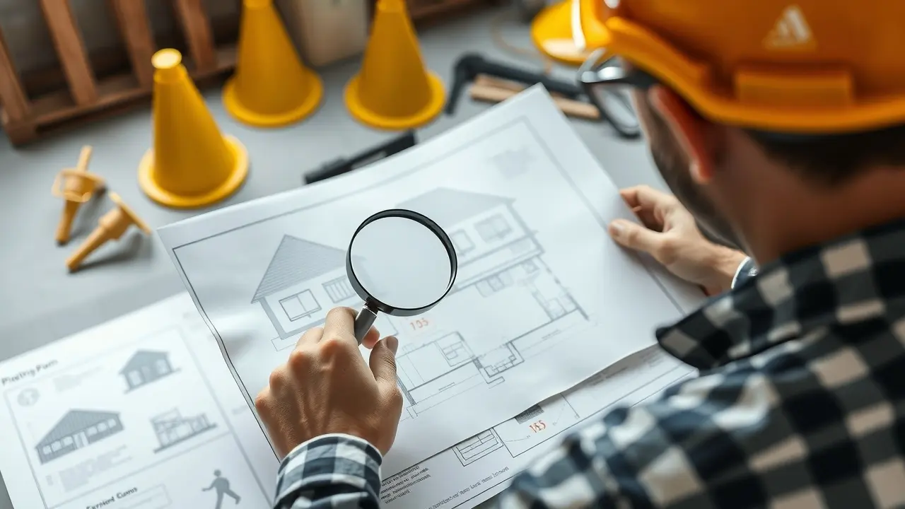 Pessoa analisando planta de construção com lupa e capacete.