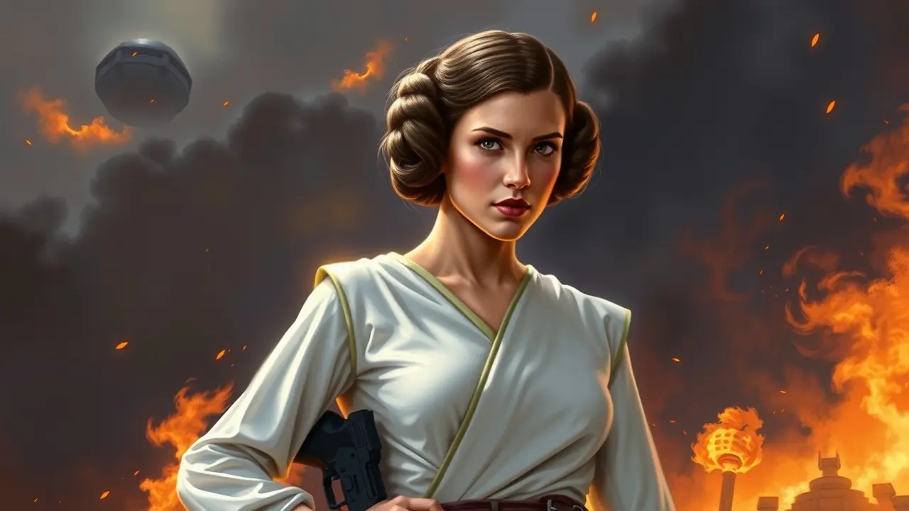 Princesa Leia com blaster em fundo de rebelião.