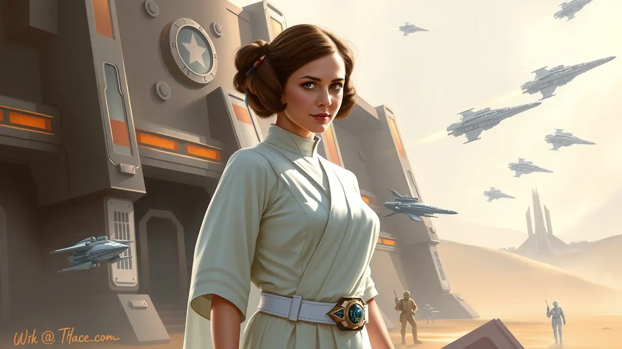 Sonhar com Princesa Leia: Desvende os Significados Ocultos Princesa Leia em frente à base rebelde