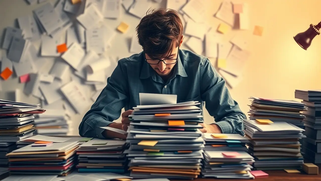 O Significado Profundo de Sonhar com Priorização: Desvende Seus Significados Pessoa organizando papéis em uma mesa, representando a priorização.