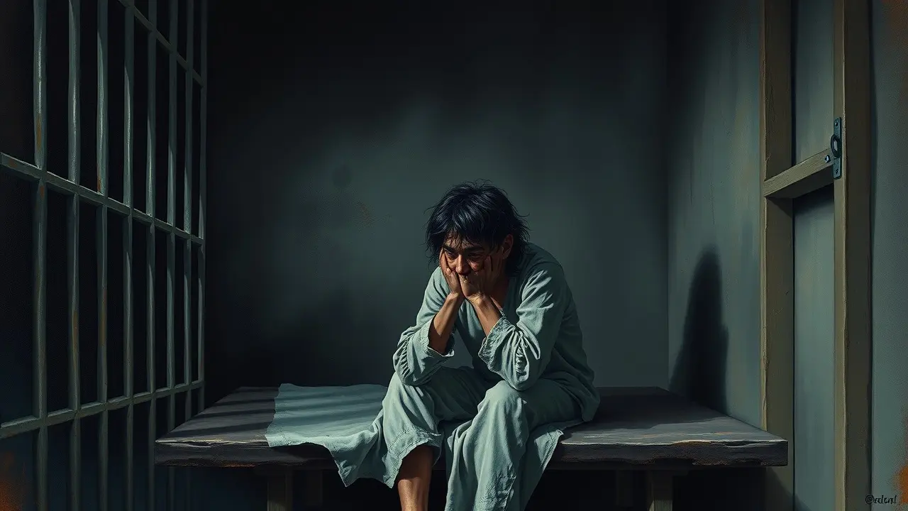 Sonhar com Prisioneiro: Descubra os Significados Ocultos Homem aprisionado em cela escura, refletindo solidão e tristeza.