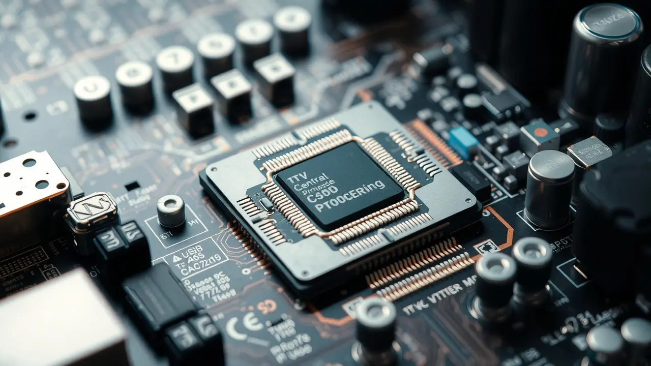 Sonhar com Processador: Desvende os Significados Ocultos Visão detalhada de uma placa-mãe com um processador destacado.