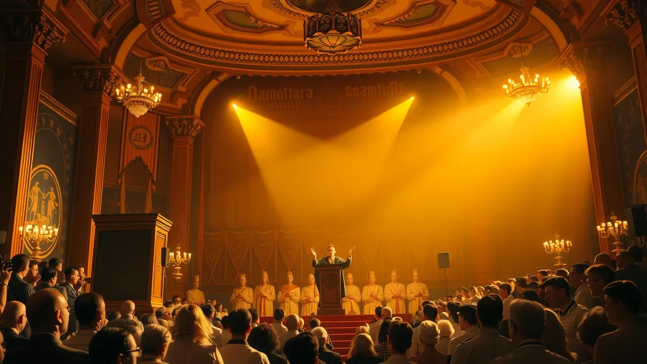 Sonhar com Proclamação: Descubra o Significado e as Mensagens Ocultas Pessoa proclamando em um palco iluminado.