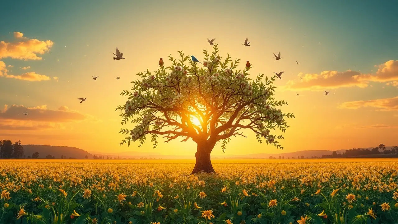 Campo fértil com árvore da vida representando procriação