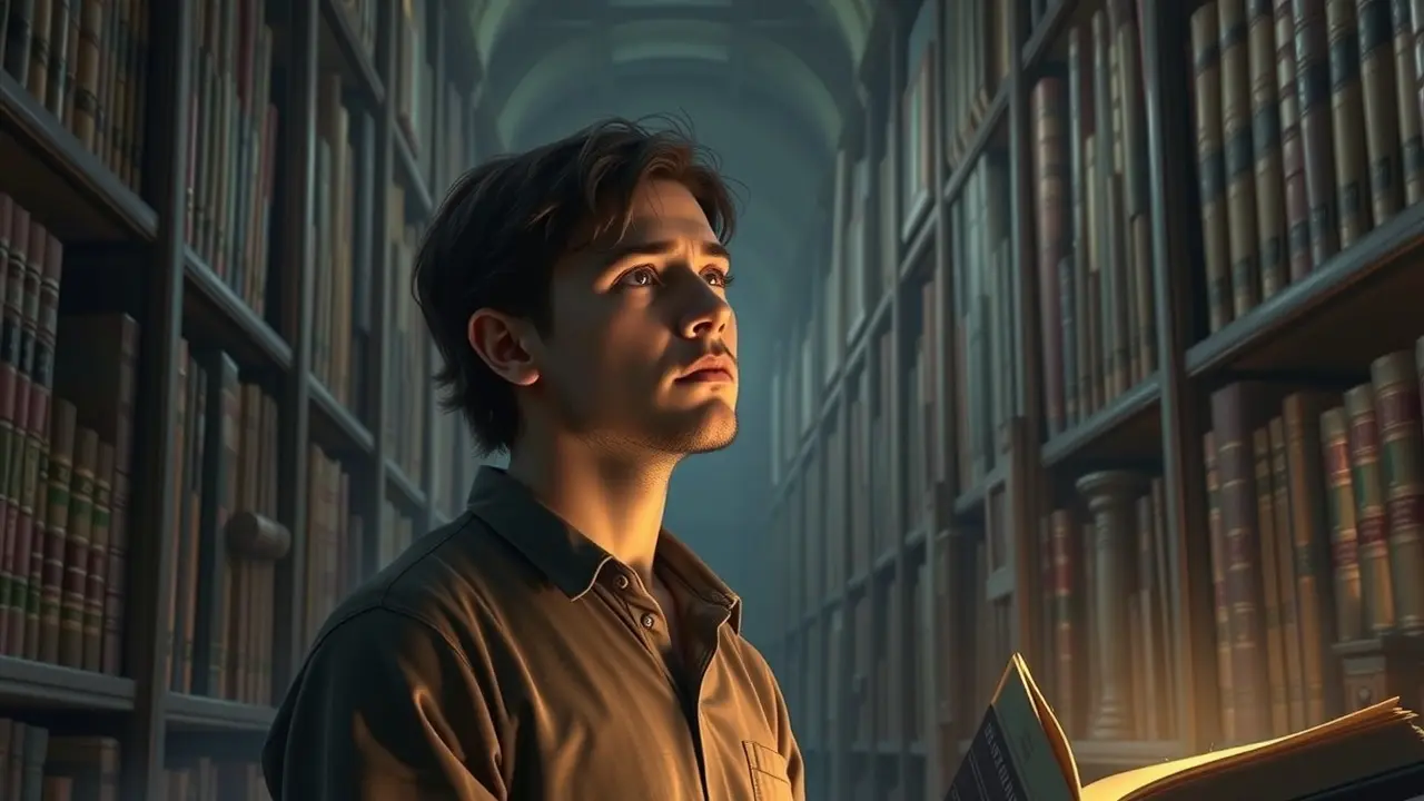 Pessoa pensativa procurando em biblioteca antiga.