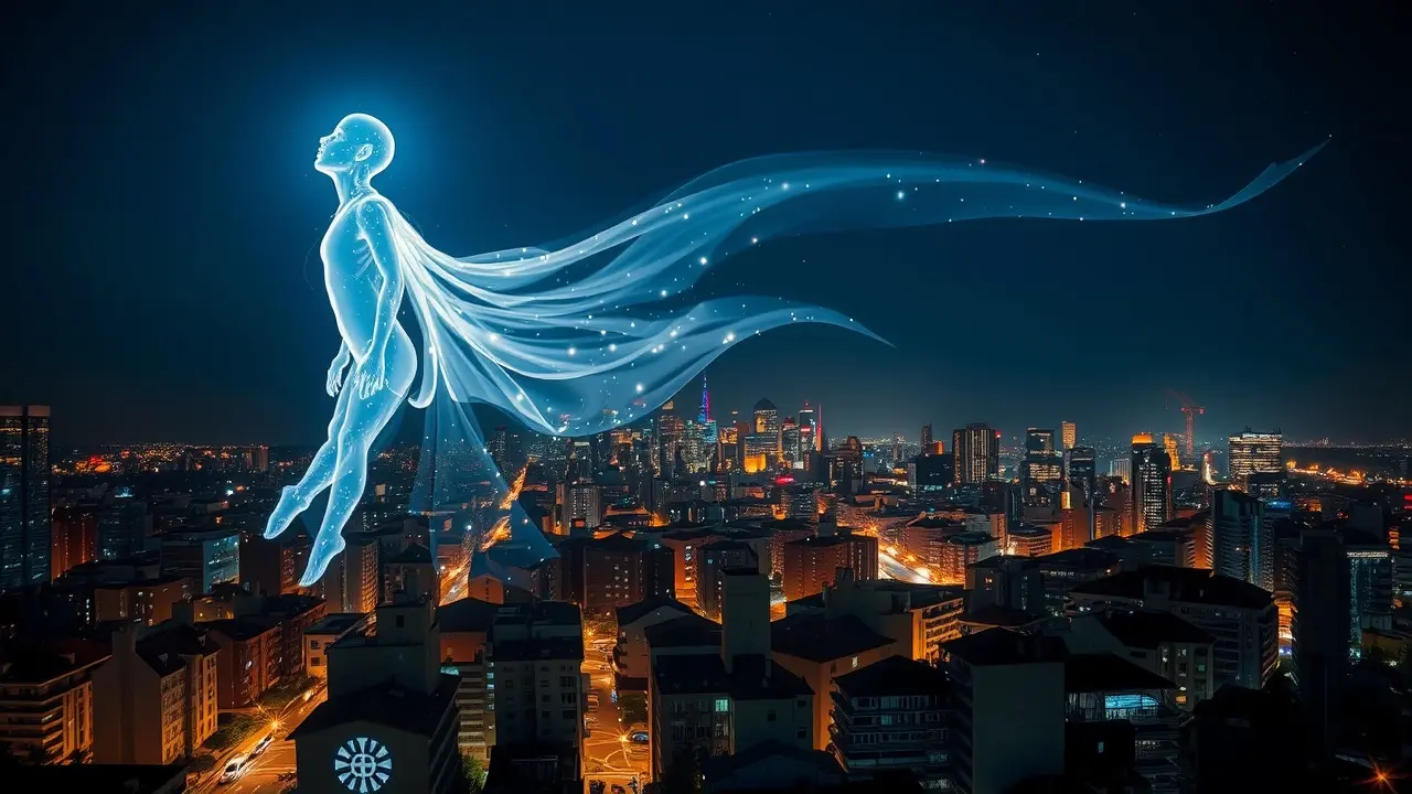 Sonhar com Projeção: Desvende os Significados e Segredos! Figura etérea projetando-se sobre a cidade à noite.