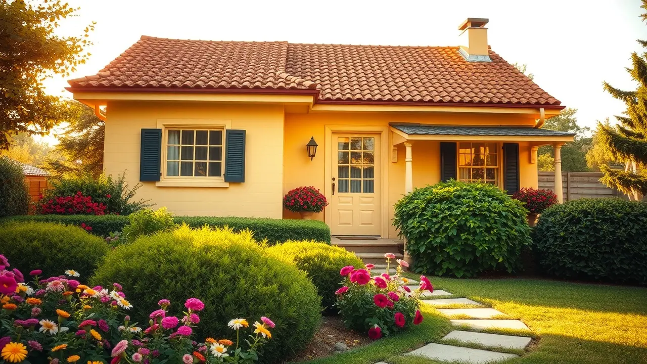Sonhar com Propriedade: Descubra o Significado e as Interpretações! Casa ensolarada com jardim florido.
