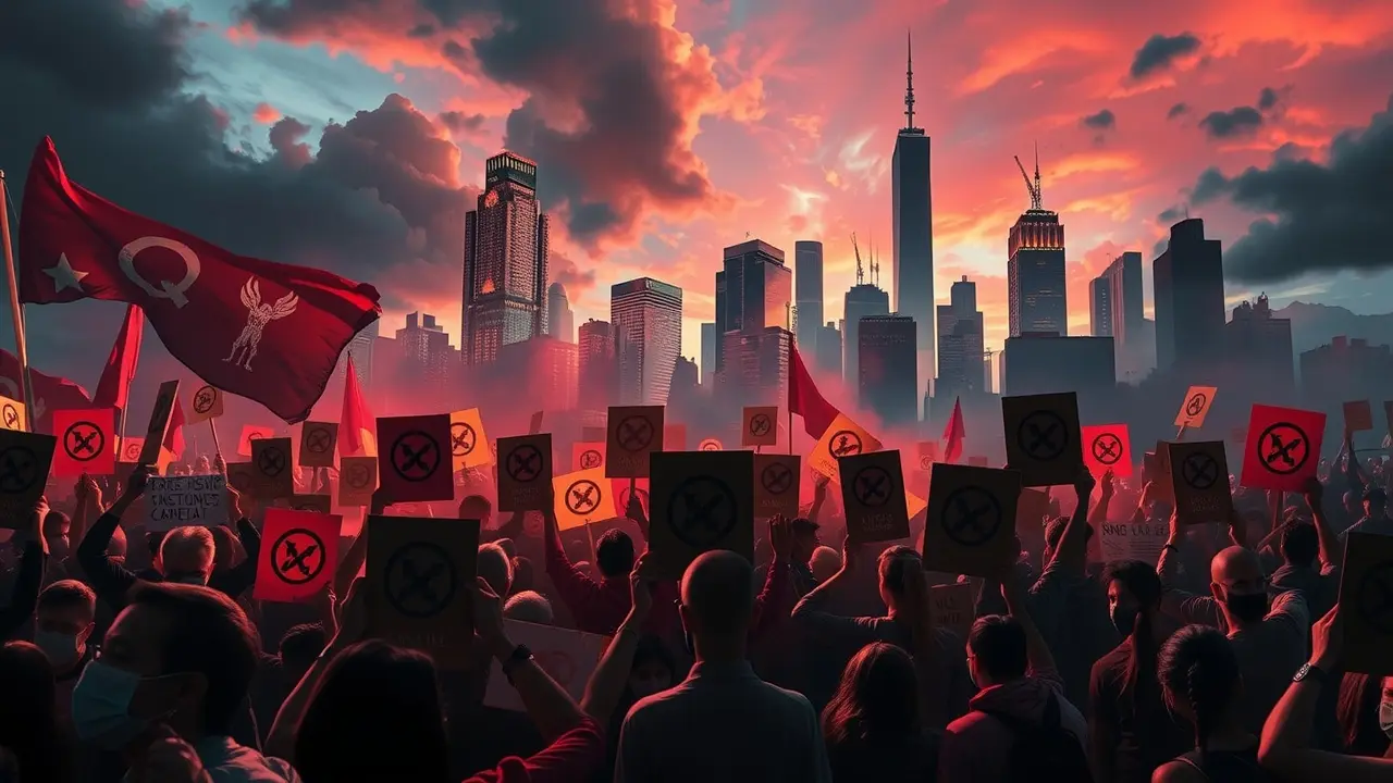 Multidão protestando em sonho, com cartazes simbólicos.