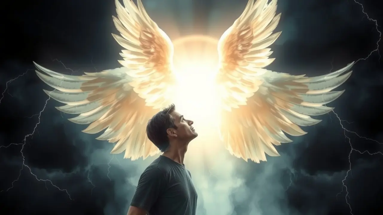 Anjo da guarda protegendo pessoa na tempestade