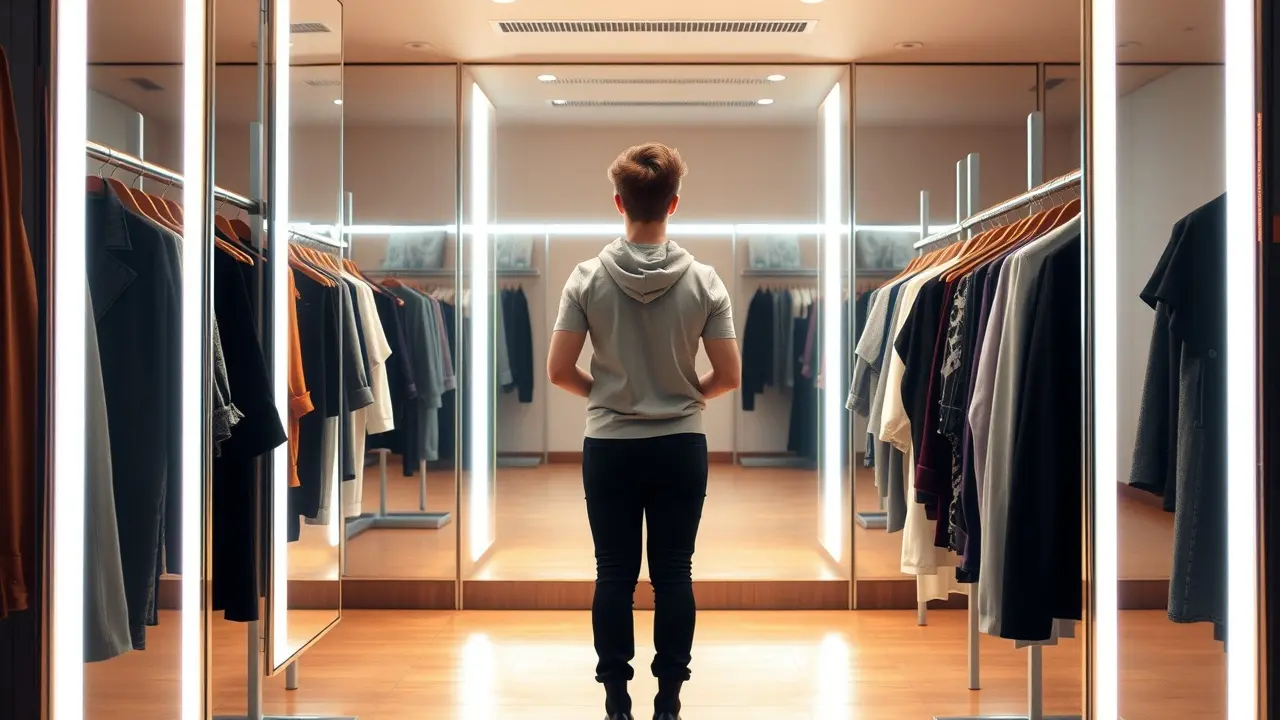 Pessoa provando roupas em provador de loja.