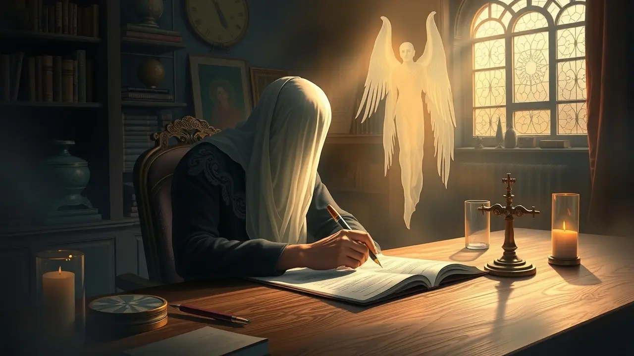 Pessoa psicografando com espírito guia