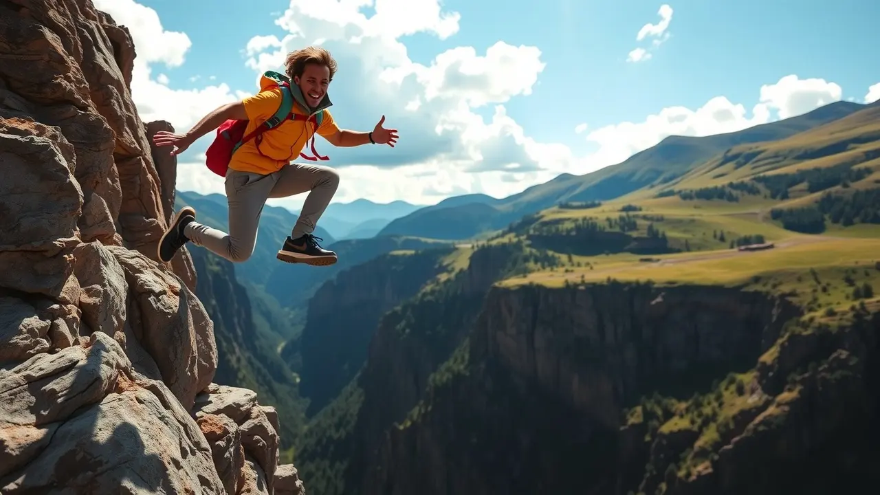 Pessoa pulando abismo, simbolizando superação.
