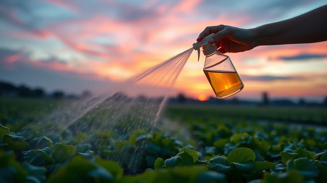 Uma pessoa pulverizando um líquido brilhante em um campo de plantas saudáveis.
