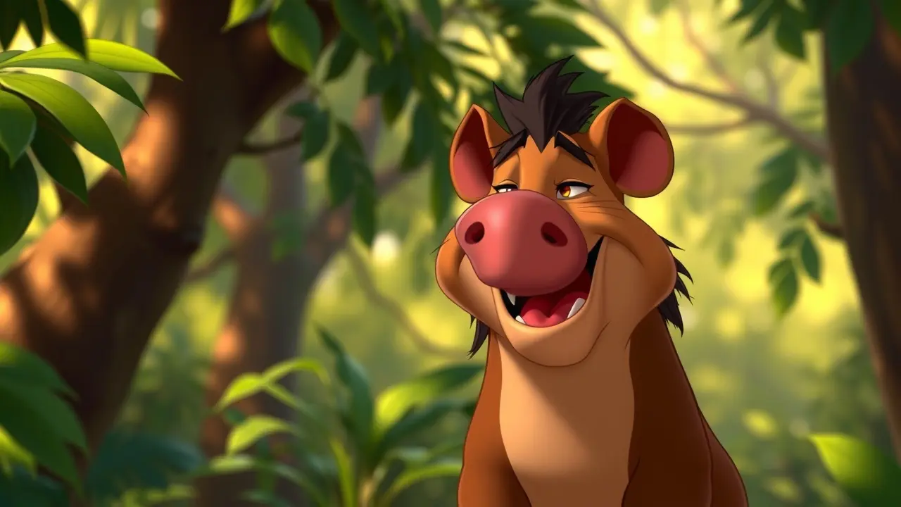 Pumba sorrindo na selva, sonho alegre