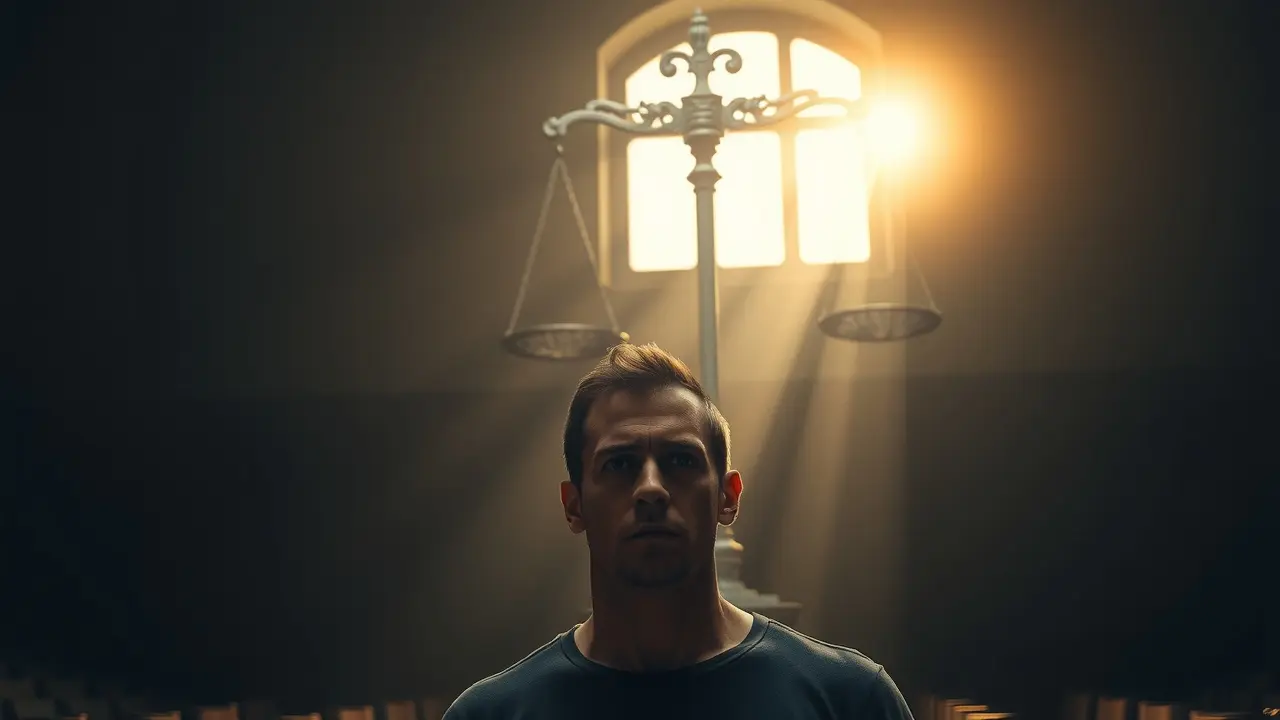 Pessoa reflexiva em tribunal sombrio, aguardando julgamento.