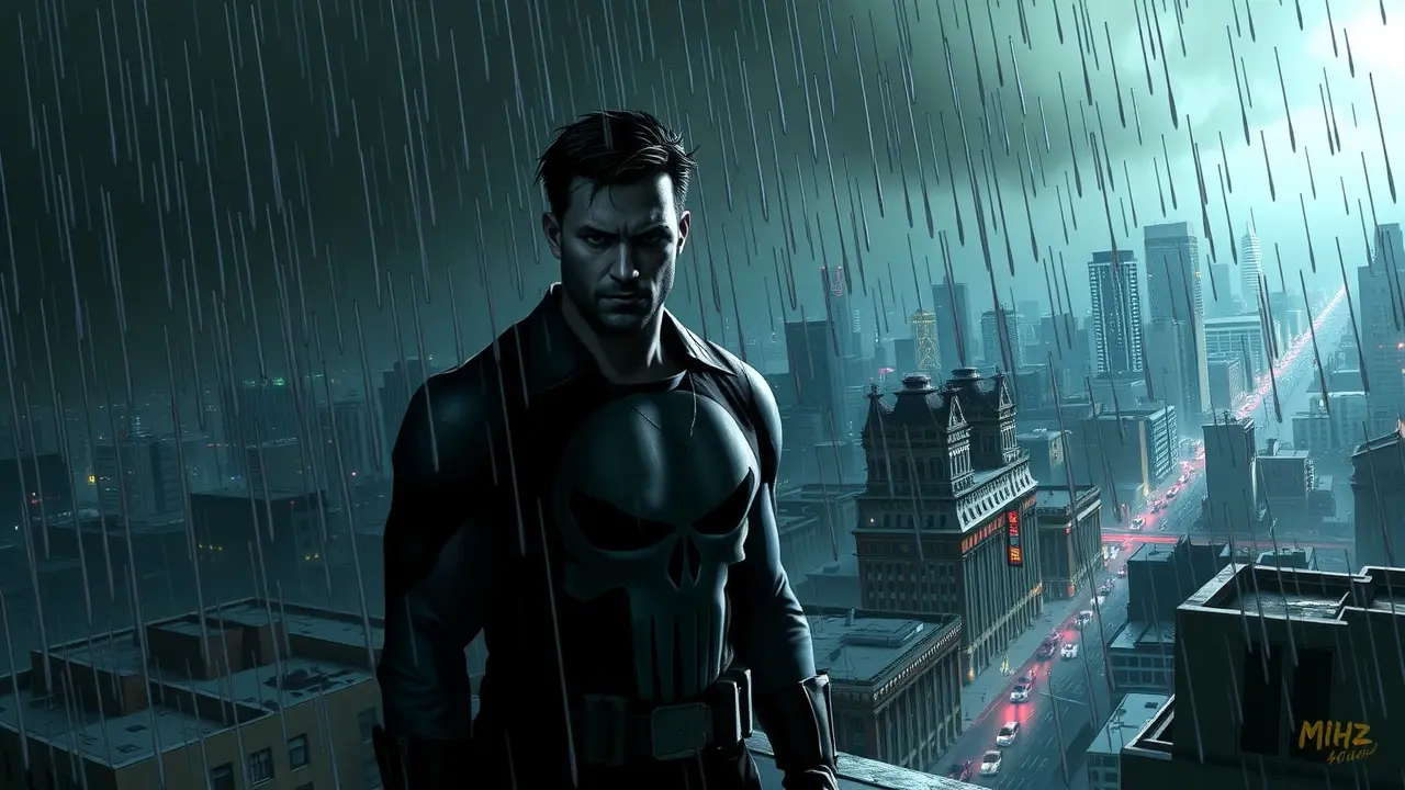 O Justiceiro em um telhado sob a chuva