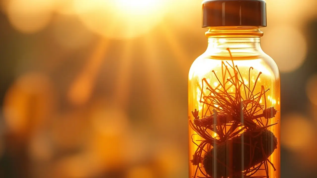 Frasco de purana brilhando em meio à natureza.