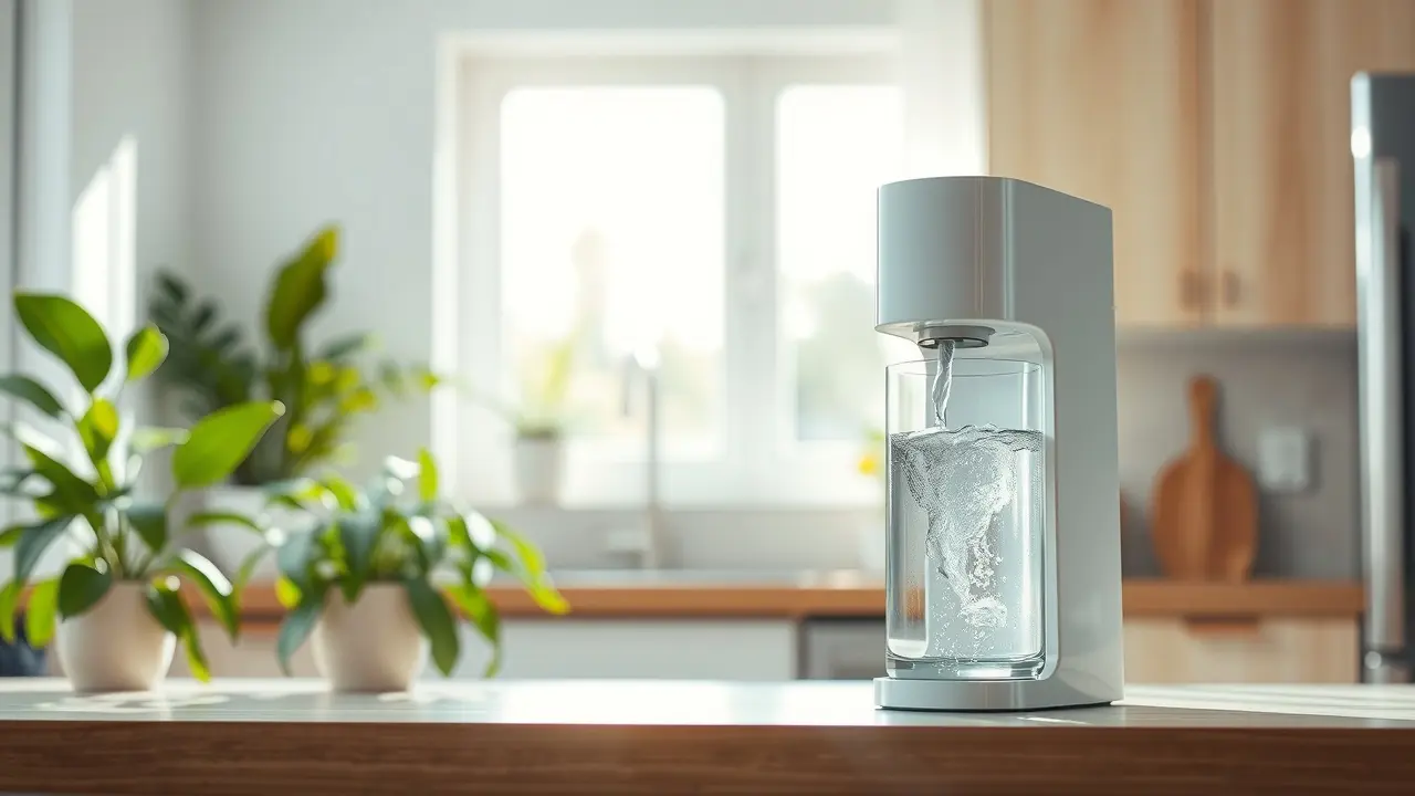 Significado de Sonhar com Purificador: Limpeza, Saúde e Renovação Purificador de água moderno dispensando água cristalina.