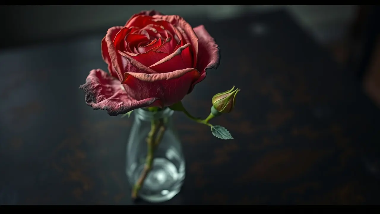 Rosa murchando e broto novo, símbolo de transformação.