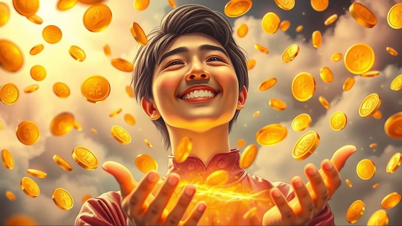 Pessoa sonhando com moedas chinesas (qián) caindo do céu.