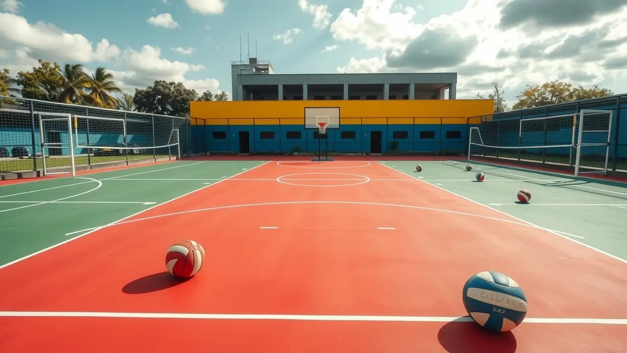 Sonhar com Quadra: Descubra o Significado e as Interpretações! Quadra poliesportiva colorida com equipamentos esportivos espalhados