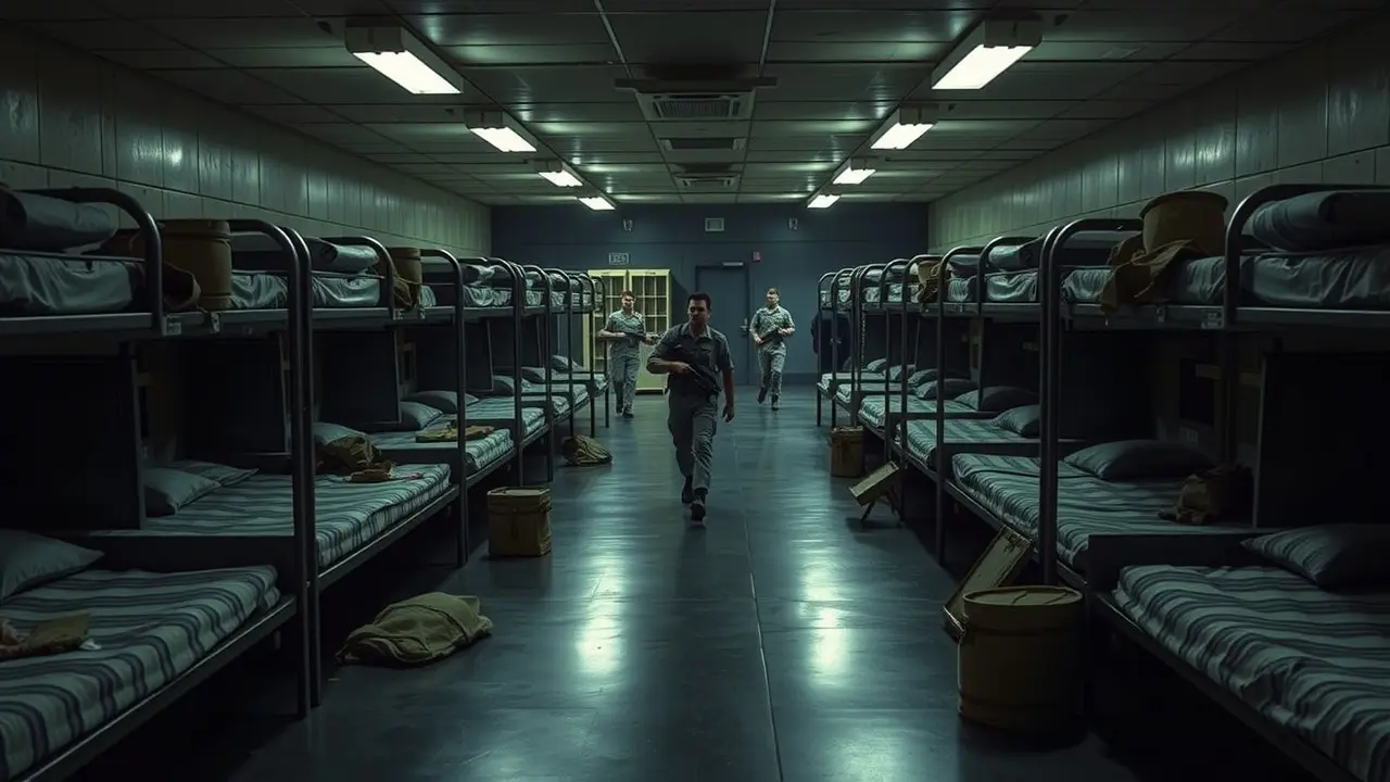 Interior de um quartel militar organizado.