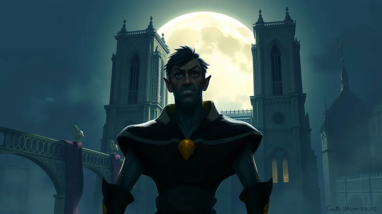 Quasimodo na Catedral de Notre Dame sob a luz da lua