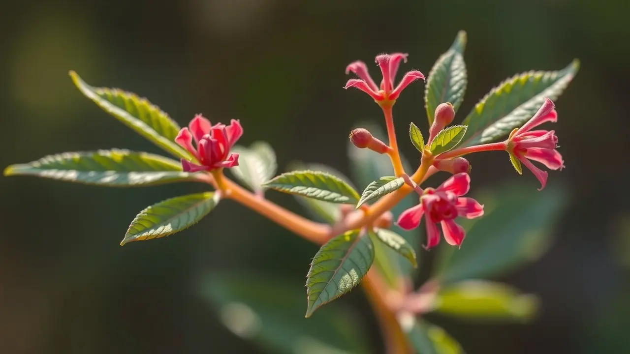 Planta Quassia amara com flores vermelhas.