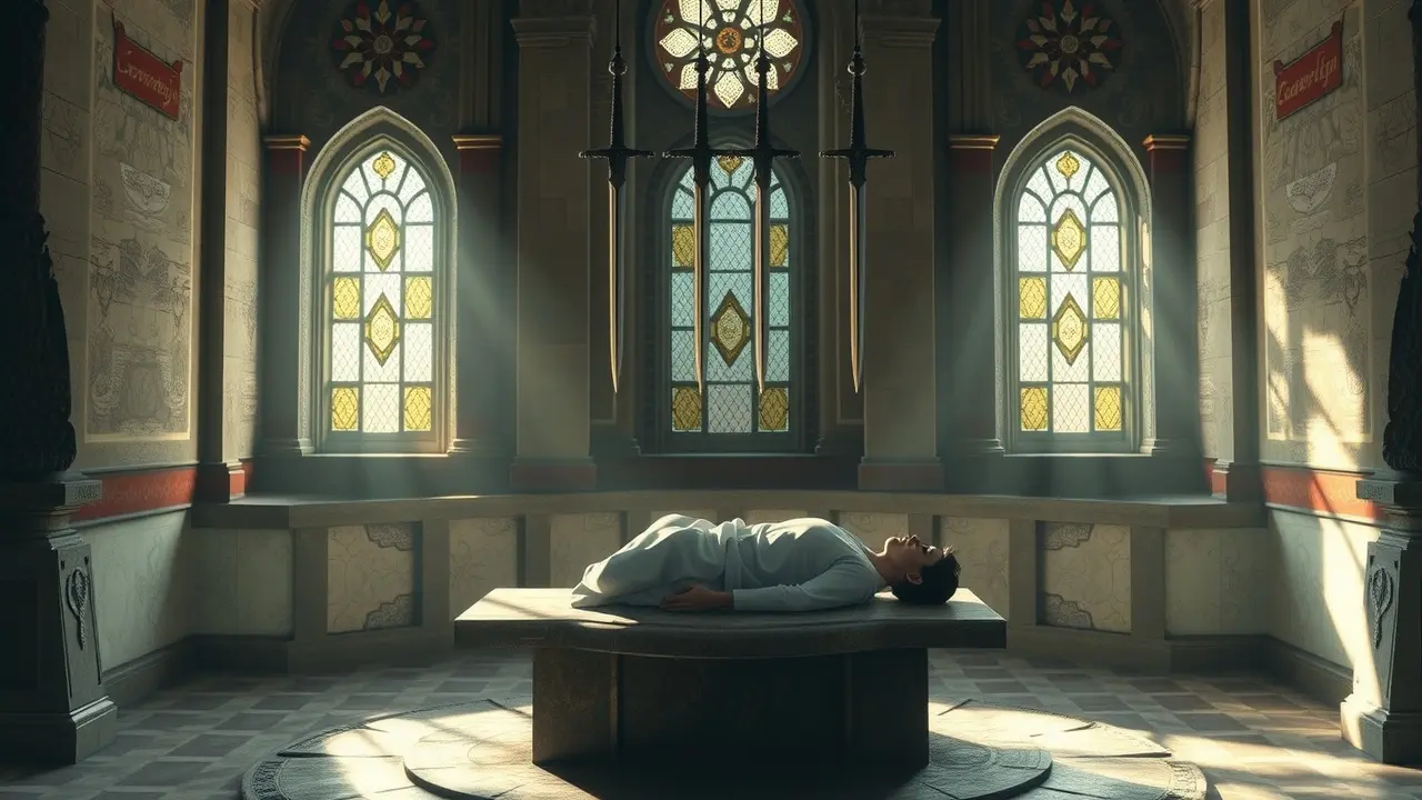 Pessoa em repouso em templo com espadas suspensas