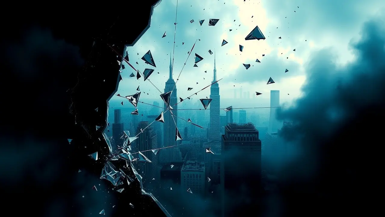 Sonhar com Quebra: Descubra os Significados e Interpretações! Espelho estilhaçado refletindo paisagem urbana distorcida, representando sonhos com quebra.