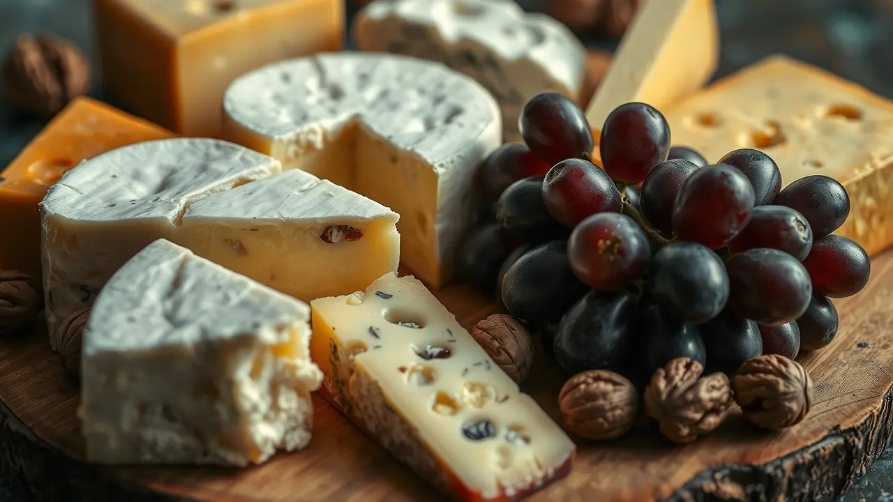 Sonhar com Queijo: Descubra os Significados Ocultos! Variedade de queijos em tábua de madeira.